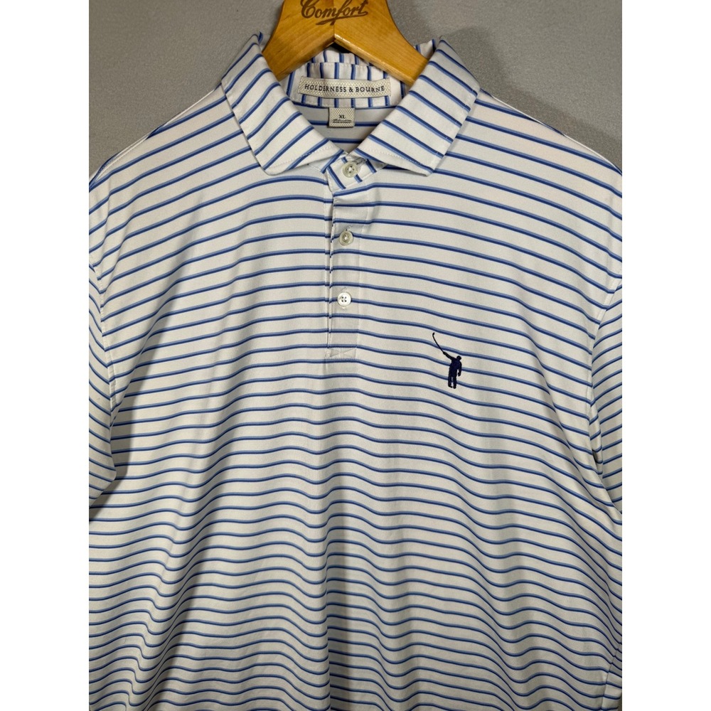 Holderness & Bourne Mens XL Tailored Fit Polo Shirt Blue White Striped Golfer